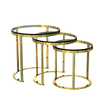 China Modern Round Coffee Table Table Set 3 Pieces Stainless Steel Gold Coffee Table With Glass Tops for sale