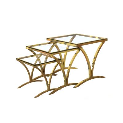 China Modern Round Coffee Table Table Set 3 Pieces Stainless Steel Gold Coffee Table With Tempering Glass Tops for sale