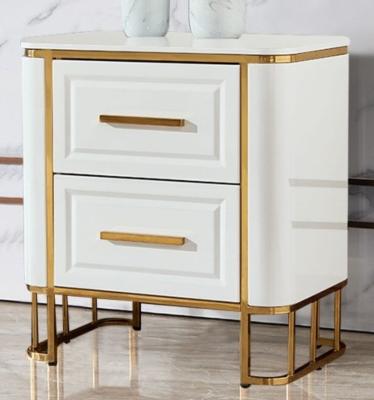 China Solid wood modern luxury bedside table with drawer stainless steel golden nightstand for sale