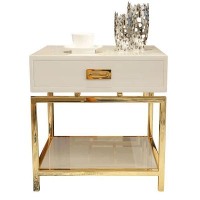 China Modern Luxury Solid Wood Bedside Table with Table Gold Bedroom Side Frame Drawer Stainless Steel Solid Wood End Table for sale