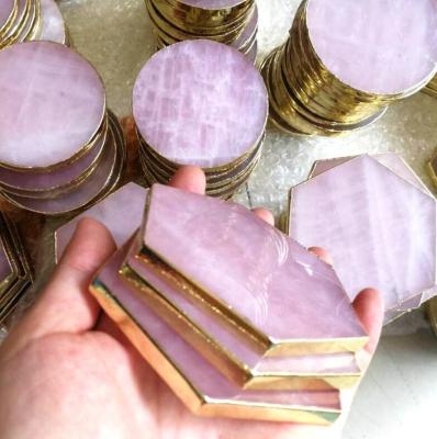 China Wholesale Natural Crystal Cup Coaster Europe Rose Quartz Plated Large with gilt edge for gifts and table decoration for sale