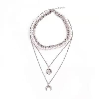 China FASHIONABLE Hot Sale Layered Necklace Delicate Silver Plated Chain Layered Relief Bead Necklace N0572 for sale