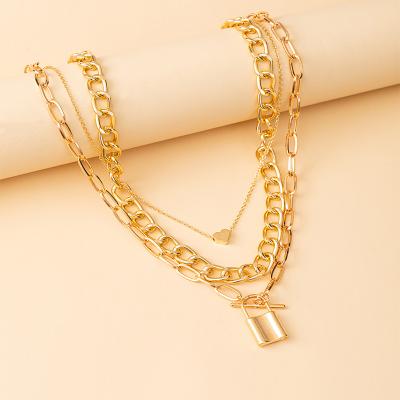 China New Trendy Trendy Double Layers Snake Clavicle Chains Gold Plated Link Chain Lock Pendant Necklace for sale