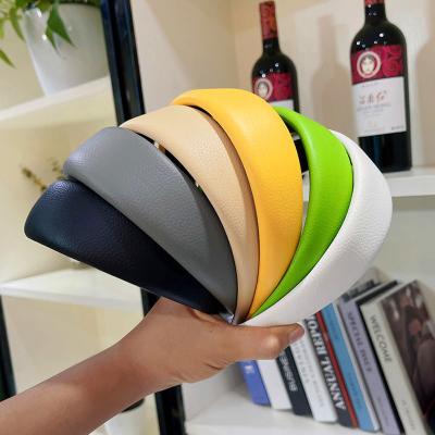 China Fashional New Hair Accessories 4cm Fluorescent Green Headband Pretty Lady 2021 Sponge PU Leather Bright Color Wide Headbands For Womenooves Black for sale