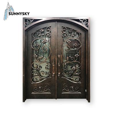 China Sound Insulation Wrought Iron Frameless And Waterproof Wholesale Metal Iron Arch Accordion Double Top Doors With Glass for sale