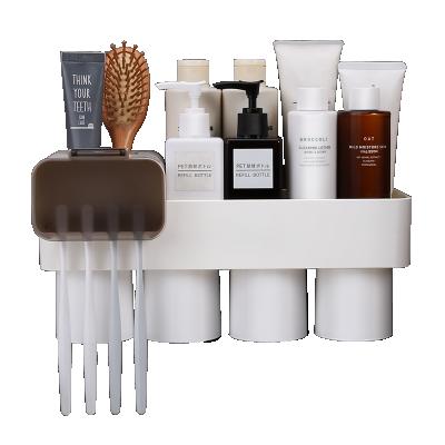 China Viable Multifunctional Family Four Person Magnetic Toothbrush Holder With Cups Bathroom Storage Rack for sale