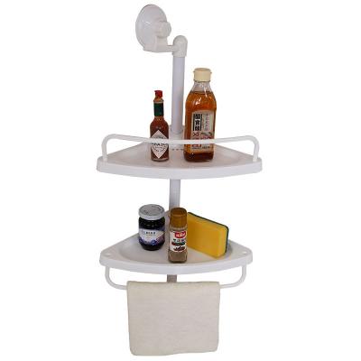 China 2 Tier Modern Metal Suction Cup Adhesive Shower Caddy Rack Bathroom Storage Corner Shelf for sale