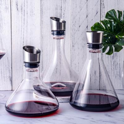 China Lead Free Blown Crystal Glass Wine Decanter Wine Hand Build-in-Aerator Wine Aerator Set with Stainless Steel Pourer FilterLid for sale