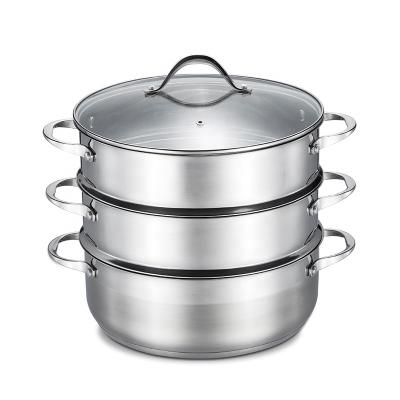 China Reliable kitchenware stocked 28cm 3 tier steam grade stainless steel with tempered glass lid for cooking for sale