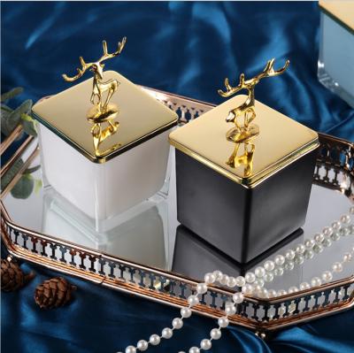 China Candle Making Matte Black Luxury Empty Square Glossy White Candle Container Glass Jar With Gold Metal Lid for sale