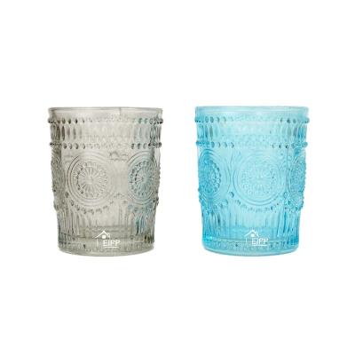 China Viable Wholesale 260ml Colored Sun Embossed Flower Juice Glass Cup for sale