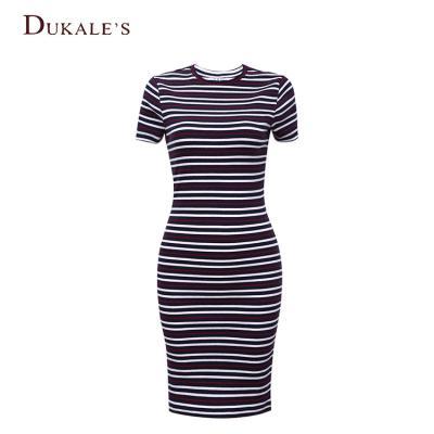 China Ladies Anti-Static T-Shirt Women Bodycon Midi Dress Short Sleeve O-Neck Navy White Striped Bodycon Ribbed Cotton Tank Midi Dress for sale