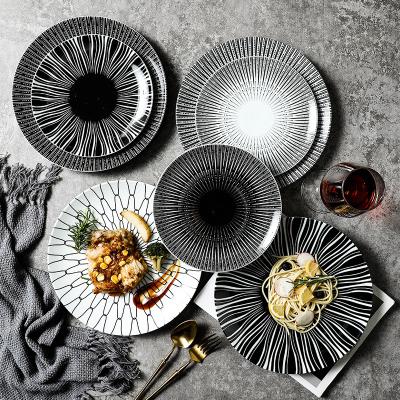 China Sustainable Morocco Style Black White Stripes Pasta Ceramic Round Soup Dish Dinner Dish Dessert Sushi Dish Cheap Serving Dish Cutlery Set for sale