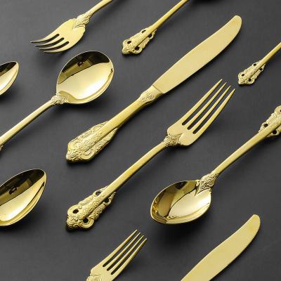 China Viable Vintage Dinnerware Set Dinner Knife Fruit Forks Teaspoon Soup Dessert Coffee Spoon Luxurious Golden Scoop Kitchen Tableware for sale