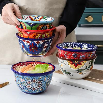 China Sustainable Bohemian Hand Painted Ceramic Pizza Steak Serving Dish Bowls Rice Fruit Salad Soup Ramen Mixing Bowl Kitchenware Sets for sale