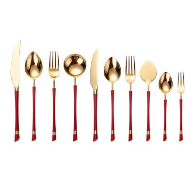 China Viable Red Stainless Steel Cutlery Set Dinner Fork Knife Dessert Spoons Coffee Stirring Teaspoon Fruit Fork Kitchen FlatwareTableware for sale