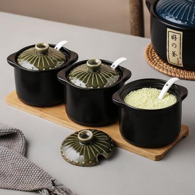 China Viable Japanese Style Ceramic Condiment Storage Jars Set Seasoning Jar Household Spice Salt Sugar Can Container Bamboo Tray Kitchen for sale