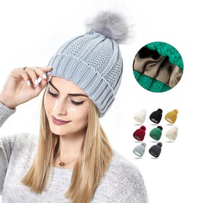 China Winter Beanie Adult Women Rib Pom Pom Knitted Beanie Hat Warm COMMON Skull Acrylic Unisex Soft Satin Striped for sale