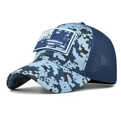 China New Design COMMON American Flag Camouflage Baseball Cap Sticker Embroidered Net Cap Men Trucker Hats for sale