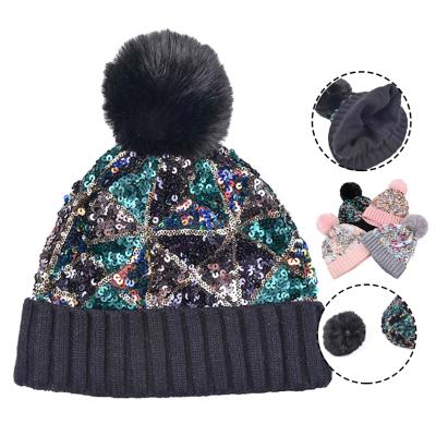 China COMMON Large Detachable Beanie Hat Fashion Geometric Sequin Bling Pom Pom Detachable Sequins Cuffed Knitted Hat For Women for sale