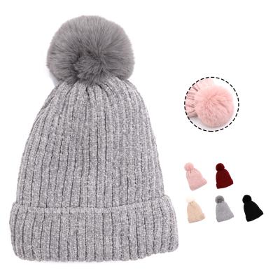 China JOINT Plain Winter Women Ribbed Soft Pompom Knitted Hats Solid Color Cuffed Thick Knit Fleece Lined Beanies Hat for sale