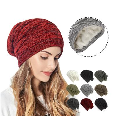 China Inverno Winter Women Acrylic Slouchy Warm Knitted Skull Caps COMMON Luxury Designer Beanie Hat Woven Plus Velvet Beanie Hat for sale