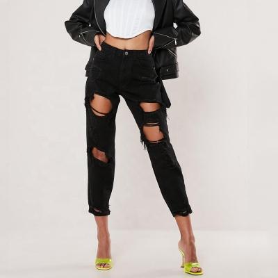 China Sustainable Custom Service Women OEM Sexy Black High Rise 100% Cotton Denim Ripped Jeans for sale