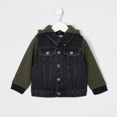 China Viable Baby Boys Black Warm Denim Jacket With Tank Hood Kids Color Block Bomber Jacket for sale