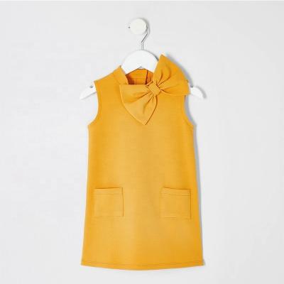 China Anti-Static Bow Neck Detail Patch Pockets Kids Dress Summer Girls Cotton Yellow Soft Cute Shift Dress for sale