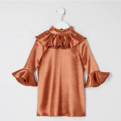 China Hot Selling Custom Made Babies Satin Frill Sleeve Dress Anti-Static Button Tying Back Cute Soft Kids Children Dress for sale