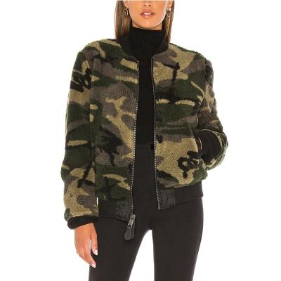 China Anti-wrinkle ladies sherpa flight jacket collar and rib brim women winter fleece camouflage print bomber jacket for sale