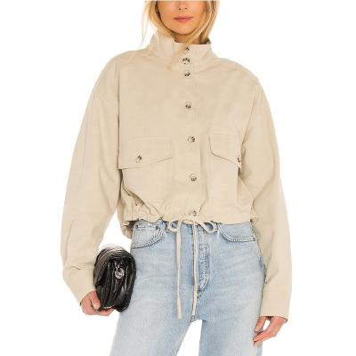 China Custom Fashion Women Cotton Twill Front Button Closure Beige Bomber Jacket Breathable With Drawstring Edge Dongguan Supplier for sale