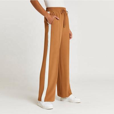 China Hot Selling Ladies Wide Leg Pants Anti-wrinkle Pants Women Summer High Waist Classic Brown Casual Loose Side Stripe for sale