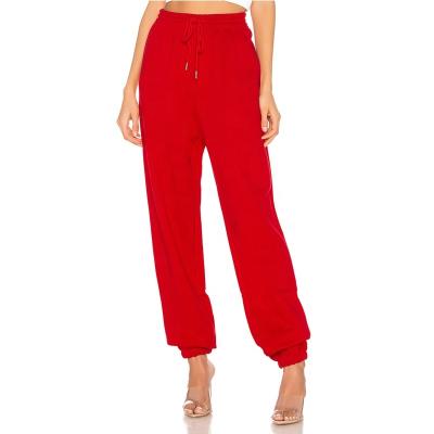 China 2019 New Fashion Women's Red Loose Fit Joggers Elasticized Cotton Pants Ladies Leg Openings Viable French Terry Or Brushed Cotton for sale