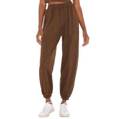 China Custom Solid Color Women Cotton Jogger Pants China Supplier Breathable Elastic Waist Brown Casual Pants for sale