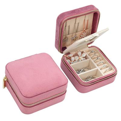 China Fashion Travel Cases Favor Pink Colors Velvet Jelewery Organizer Packaging Boxes Custom Logo Pu Leather Suede Portable Jewelry Case for sale