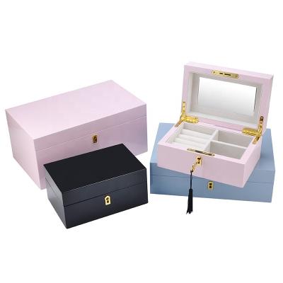 China Handcrafted Wooden Large Size Pink Mirror Organizer Case Square MDF Jewelry Boxes Packaging with Gold Metal Lock for sale