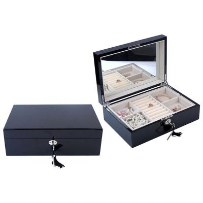 China Amazon Hot Selling Home Wooden Jewelry Package Black Ring Makeup Storage Case Mirror Wood Jewelry Box With Tray for sale