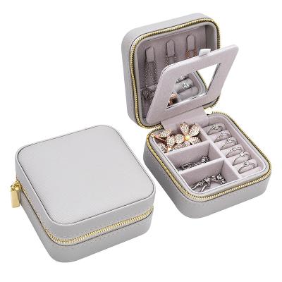 China Fashion Travel Velvet Earring Ring Packaging Boxes With Mirror and Custom Logo Case Small Gray Leather Jewelry for sale