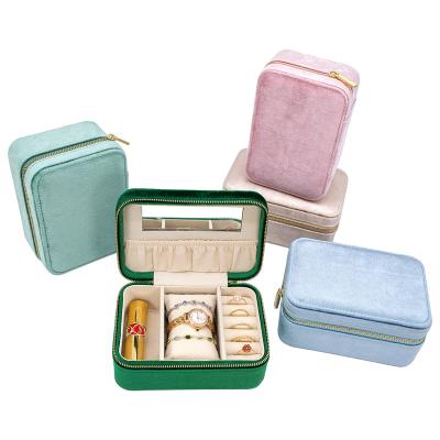 China Custom Jewelry Watch Box Girls Velvet Travel Jewelry Box Organizer Bracelet Rings Earrings Watch Makeup Holder Display Mirror Jewelry Case for sale