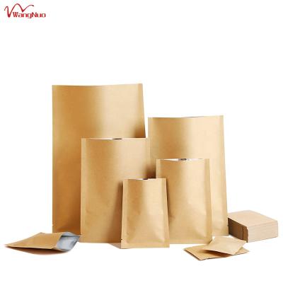 China Recyclable Custom Design Brown 3 Side Heat Seal Flat Bottom Open Top Aluminum Foil Coated Kraft Paper Food Storage Bag for sale