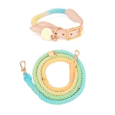 China Personalized Caribbean Sets of 100% Cotton Dog Rope Collar and Leash Multi Color with Cotton Leather Collar for sale