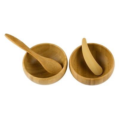 China Healthy Bamboo Scoop Engraving Cosmetic Case Personal Care Face Hand Cream Bamboo Bowl With Wooden Spoon Scraper for sale