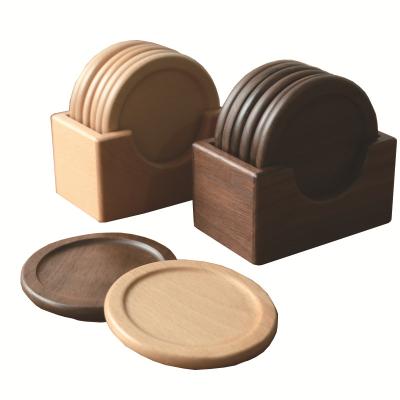 China 5 Pack Sustainable Round Walnut Wooden Tea Coaster Set With Wooden Box Holder for sale