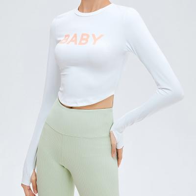 China New Yoga Letter Baby Skin Friendly/Navel Exposed Slim Fit/Fashion/Tight Clothes Long Sleeved 2021yoga Sports Tight Top for sale