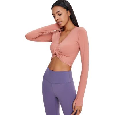 China Narrow skin soft / female long sleeve yoga suit fit 80%nylon 20%spandex V-neck top waist breathable / slim sports t-shirt for sale