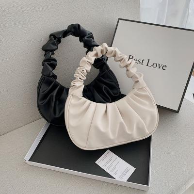 China Fashion Women Shoulder Small Pleated Armpit Bag Tote Bag Lady Bag PU Summer Cute Leather Popular Fashion Crescent Handbag Design for sale