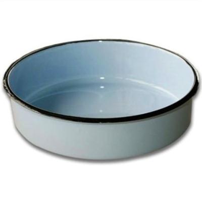 China Sustainable Kitchen Bakeware Custom Vintage White Round Shape Deep Enamel Steel Pizza Shower Serving Dish Tray With Black Rim for sale