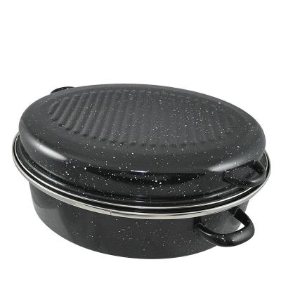 China Sustainable Kitchenware Black Enamel Camping Roasting Pot With Enamel Lid for sale