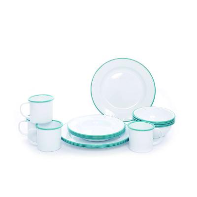 China 2020 Sustainable Wholesale Custom White Enamel Dinnerware Camping Ware Set With Blue Rim for sale